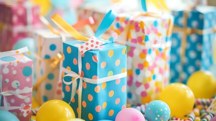 Colorful polka dot gift boxes with  ribbons and bows on a table with scattered balloons and confetti.