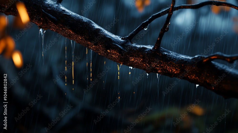 Poster raindrops dripping from a tree branch in a forest.
