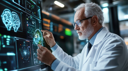 Elderly scientist analyzing digital brain models in advanced research laboratory