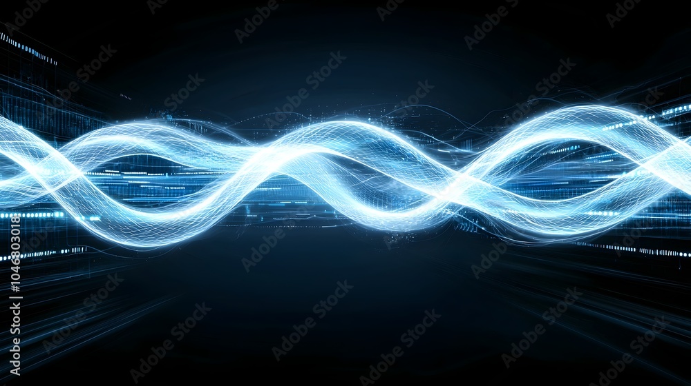 Poster mesmerizing abstract digital waves in a captivating flow of glowing blue hues set against a dark bac