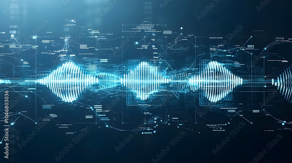 Poster glowing blue abstract digital waves flowing on a dark background with white accents representing adv