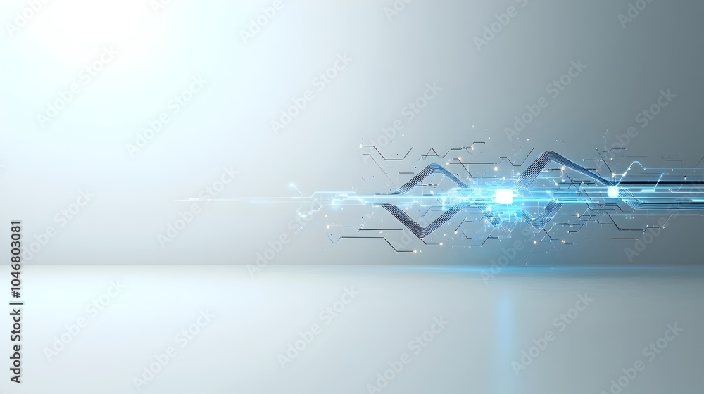 Poster Mesmerizing futuristic abstract background featuring dynamic blue waves with glowing particles representing technological advancements and digital innovation