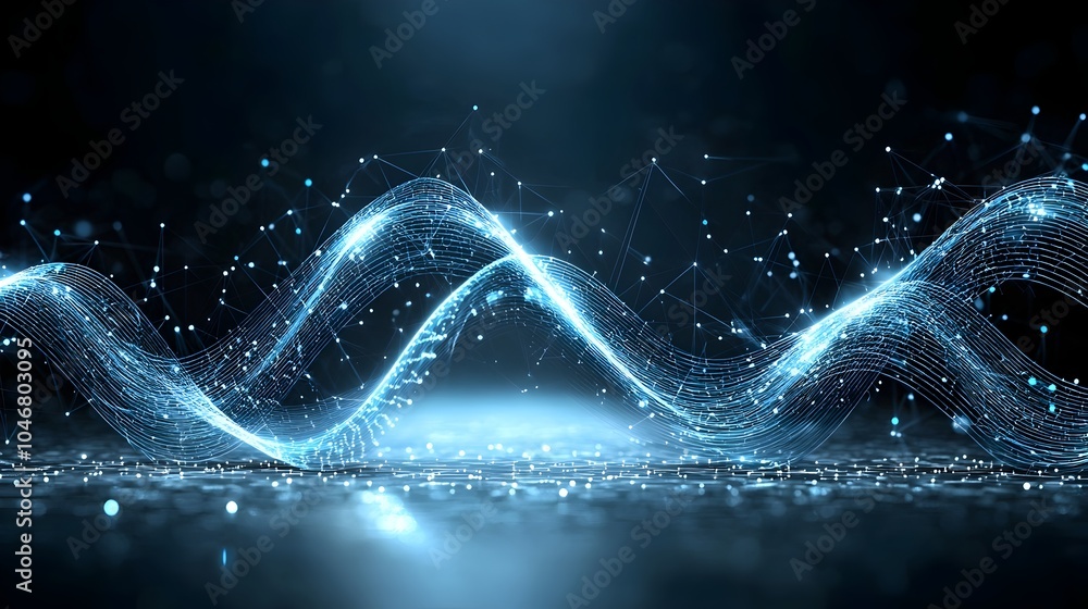 Fototapete Ethereal Futuristic Waves of Glowing Particles Flowing and Pulsing Over a Sleek Dark and Light Background Representing Technological Advancements and Innovation