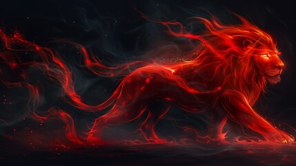 Fototapeta premium Fire Lion. A majestic fire lion charges through the darkness. The embodiment of strength and power.