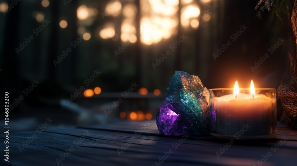 Poster a single burning candle with a crystal next to it, on a wooden surface in a forest setting with boke