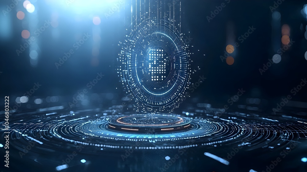 Poster Mesmerizing digital waves and glowing particles transitioning across a dark background symbolizing the seamless and interconnectedness of modern technology and the digital realm