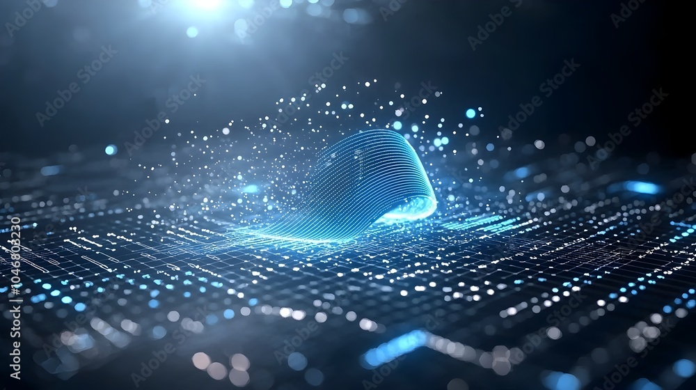 Poster Seamless blue digital waves and glowing particles transitioning from a dark background into a white space symbolizing the modern technology data digital transformation of the future