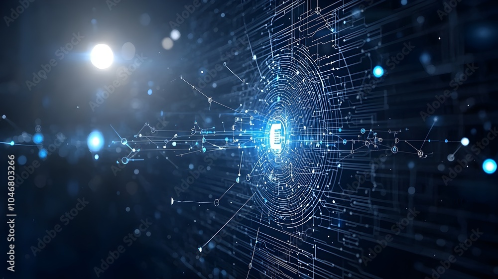 Poster Mesmerizing digital waves and glowing particles seamlessly transitioning from a dark background into a bright luminous white space symbolizing the modern technological and data exchange