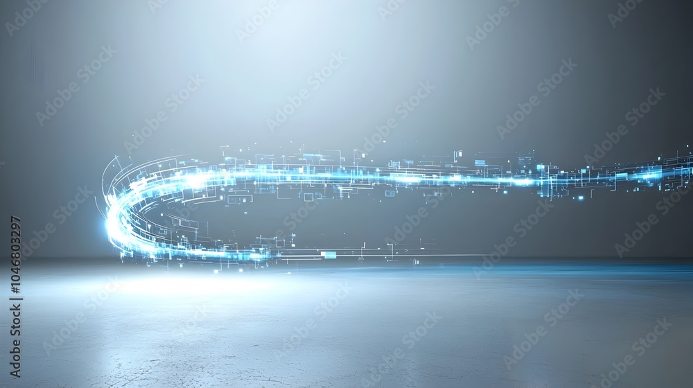 Fototapete Glowing blue digital waves flowing and swirling dynamically across a dark and white futuristic background representing the essence of technology data and modern digital design