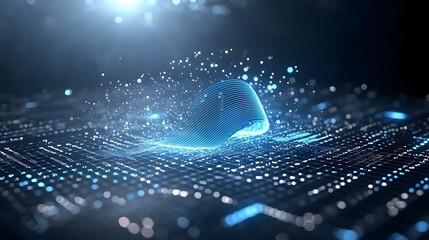 Seamless blue digital waves and glowing particles transitioning from a dark background into a white space symbolizing the modern technology data digital transformation of the future