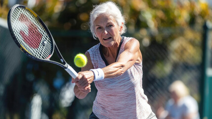 Active senior woman playing tennis outdoors in vibrant sunlight