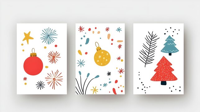 Festive Holiday Season Card Design with Christmas and New Year Themed Elements such as Holly Berries Mistletoe Snowflakes Baubles Ribbons Garlands Bells Santa Hat and