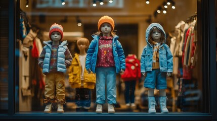 Obraz premium Three children are dressed in winter clothes and standing in front of a window