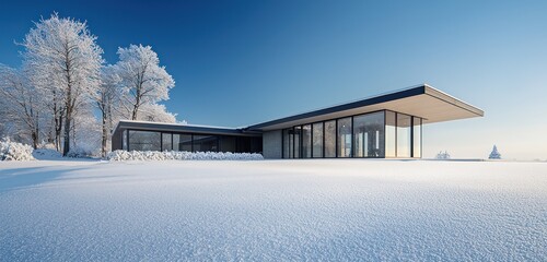Sleek home architecture stands out under a clear sky and snow cover.
