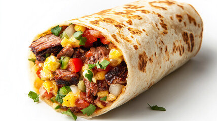 Delicious grilled beef burrito filled with fresh vegetables and savory salsa during lunch time