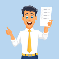 Handsome Smiling Boy in Shirt and Tie Holding White Checklist or Vote Ballots. Businessman, manager, office worker.