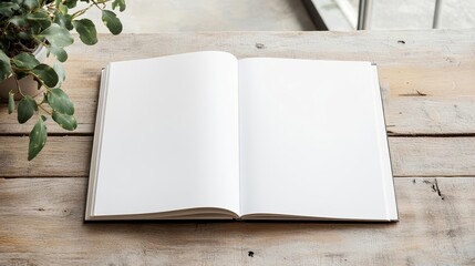 Magazine with blank pages resting on textured wood, inviting natural light, perfect setting for presenting creative editorial or graphic design mockups