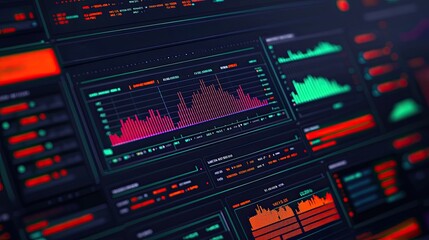 Obraz premium A dynamic digital display of data analytics, featuring vibrant graphs and charts in a dark interface, showcasing statistical trends and insights.