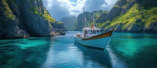A small white fishing boat is anchored in a calm bay surrounded by steep green cliffs.