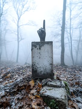 Decrepit hand reaching out from an ancient weathered tombstone in a gloomy fog enveloped graveyard surrounded by decaying leaves and a sense of haunting supernatural mystery  This evocative