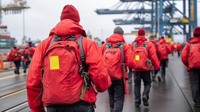Longshoremen demonstrating at port under overcast skies, unified in red jackets, powerful visual of labor strike and industrial action amidst shipping cranes