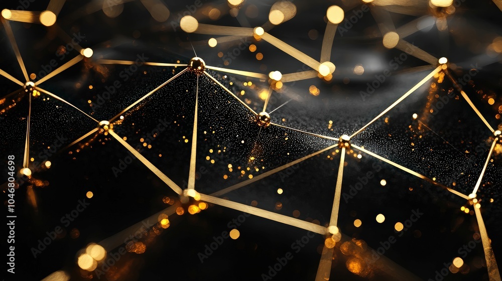 Poster a black background with a series of interconnected gold lines forming a sophisticated abstract desig