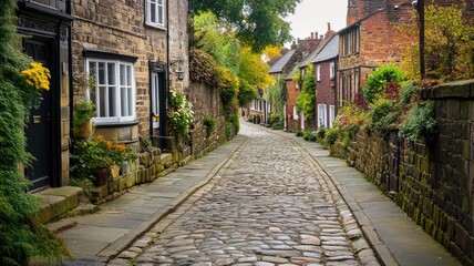 Fototapeta premium Quaint, stone-paved street adorned with greenery and historic buildings