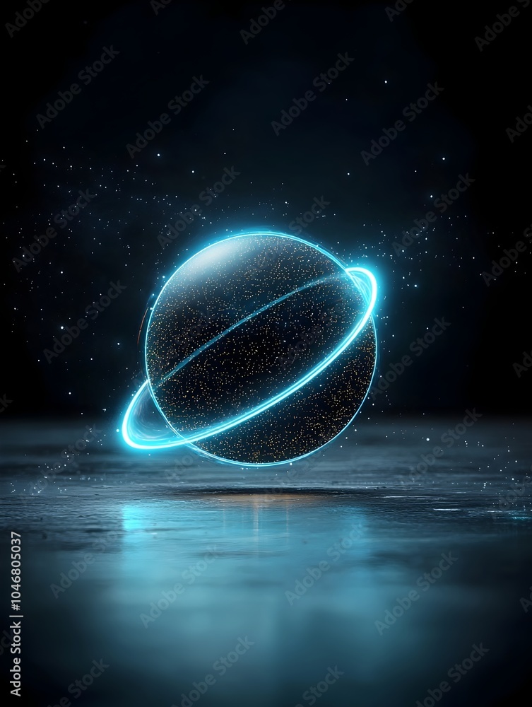 Poster Luminous cosmic sphere with vibrant energy spirals glowing in the depths of space showcasing intricate light patterns wrapping around the orb in a mesmerizing and captivating display