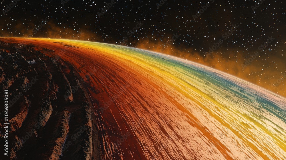 Poster a breathtaking image depicting the view from an orbiting space station, highlighting the curvature o