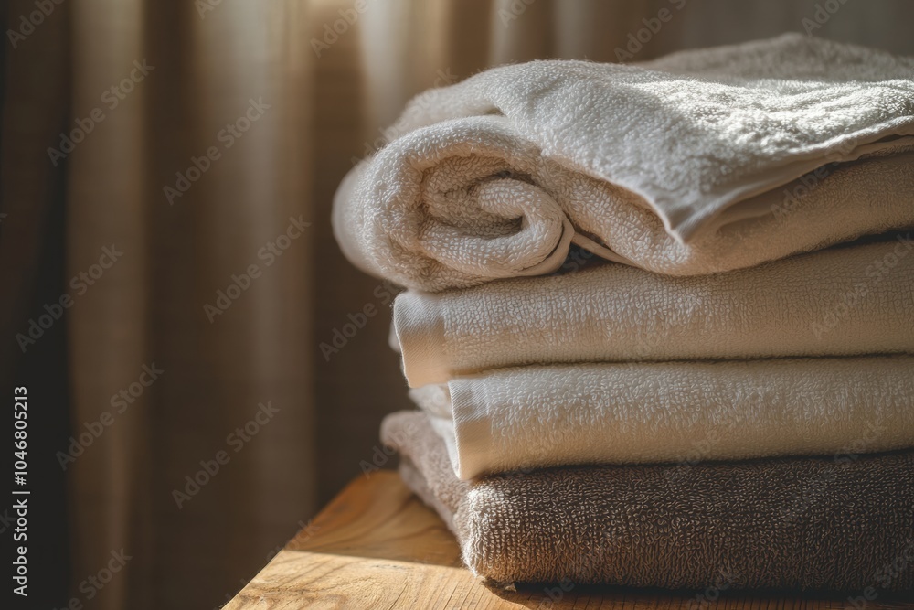 Fototapete neatly folded towels of varying textures and colors are stacked on a wooden table, illuminated by wa