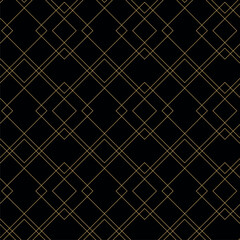 Abstract geometric pattern with crosses, stripes, lines. Seamless vector background. Black and gold ornament. Modern reticulated graphic design.