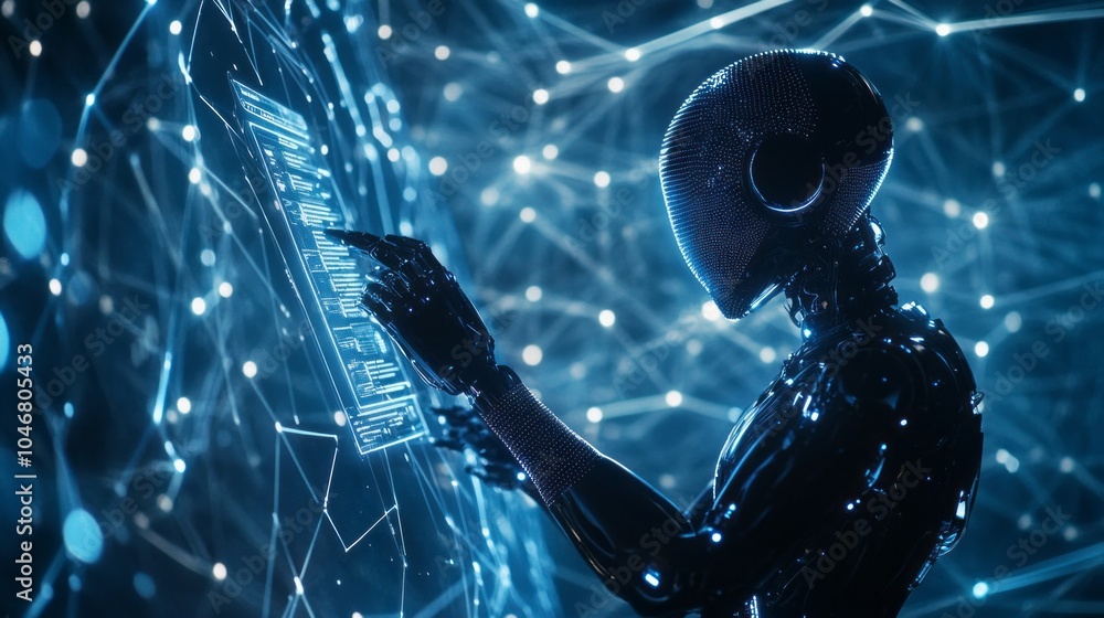 Poster A robot is sitting in front of a computer screen and is typing on a keyboard
