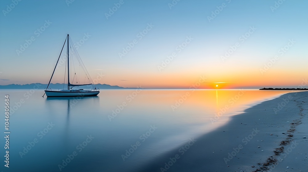 Poster Tranquil and peaceful sunset over a quiet beach with soft pastel hues in the sky and a single boat gently rocking on the calm waters creating a serene and picturesque landscape scene
