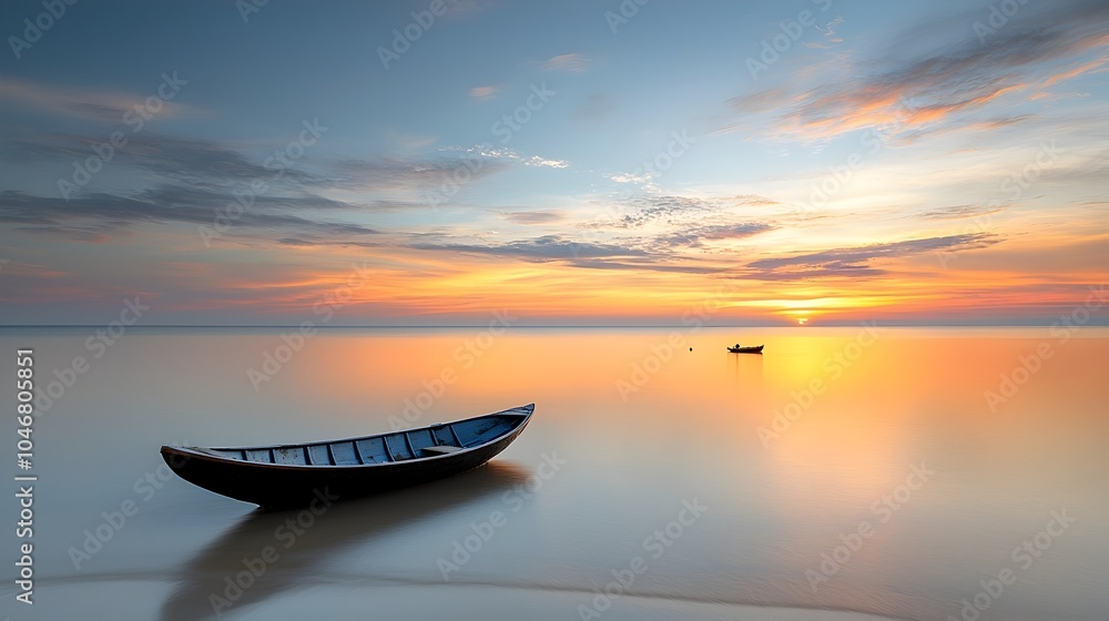 Poster tranquil sunset over a quiet beach with soft waves gently reaching the shore and a small boat peacef