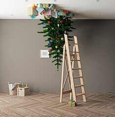 upside-down Christmas tree with presents on the ceiling