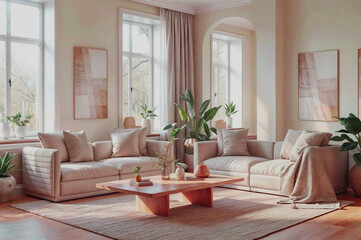 Contemporary interior design of the living room in soft neutral tones. Interior mockup, 3d render

