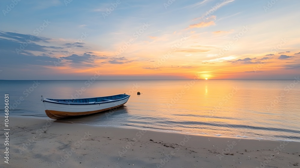 Poster Breathtaking Sunset over a Tranquil Beach with a Lone Boat Floating Peacefully on the Calm Waters and Soft Waves Lapping the Shore in a Serene and Picturesque Scene