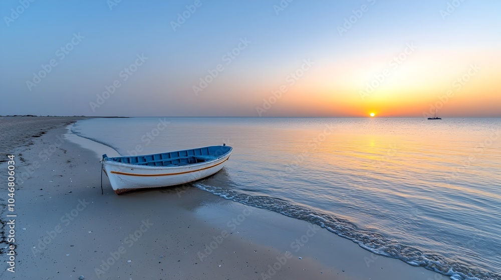 Poster tranquil and serene seaside scene during a peaceful sunset with soft waves gently reflecting the fad
