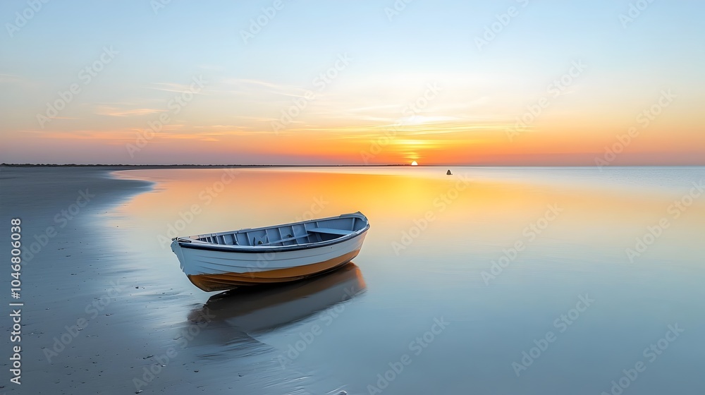Aufkleber breathtaking sunset landscape with a lone boat drifting on the serene calm waters of a tranquil beac