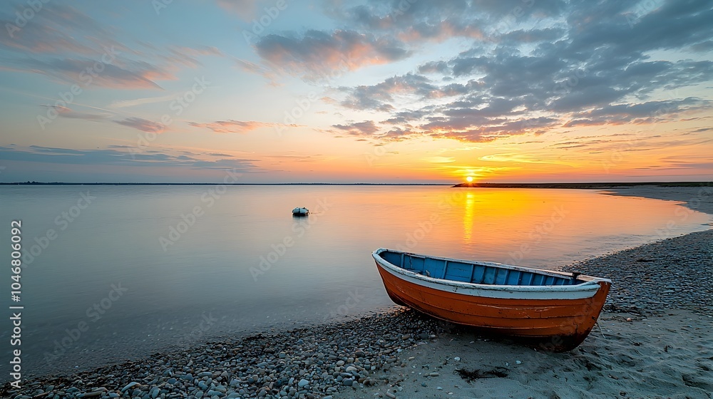 Poster vibrant sunset over a tranquil beach with a lone boat floating on the calm reflective waters and sof
