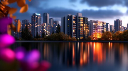 Naklejka premium Cityscape with buildings reflected in a lake at dusk.