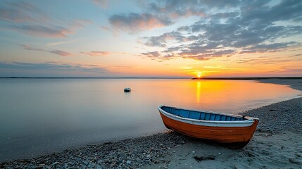 Naklejka premium Vibrant Sunset over a Tranquil Beach with a Lone Boat Floating on the Calm Reflective Waters and Soft Waves Lapping the Serene Shore