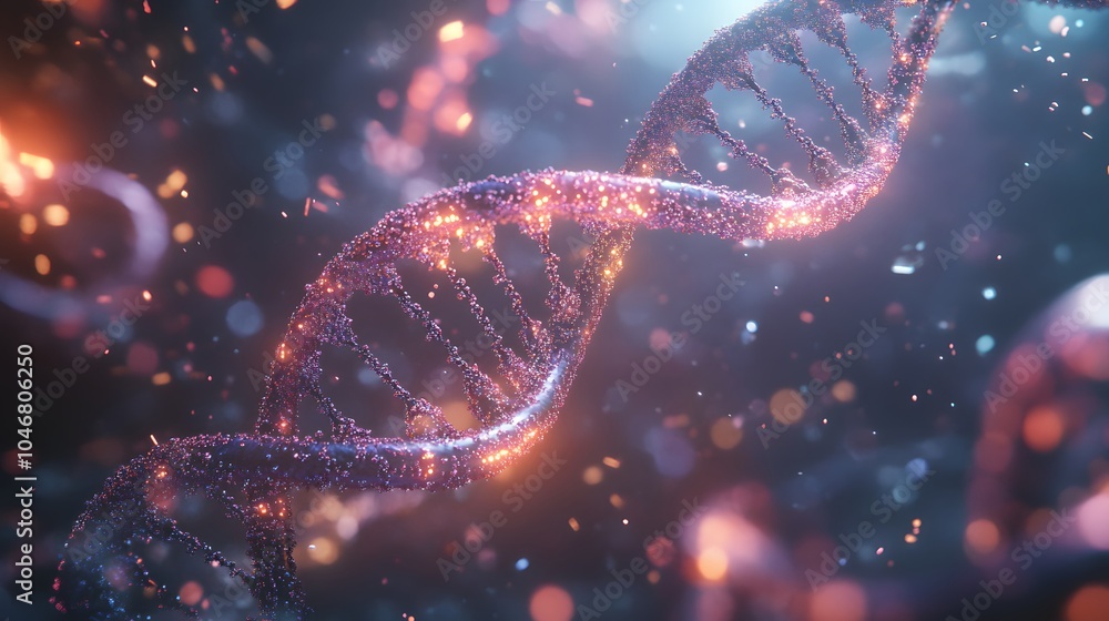 Poster abstract animated structure of a dna molecule from particles. concept animation of digital dna, huma