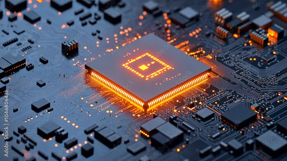 Poster a close-up of a computer chip glowing orange on a circuit board