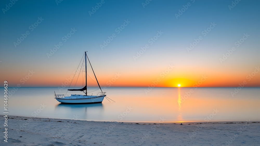 Poster serene sunset over a quiet beach with a boat peacefully anchored in the calm waters warm colors of t