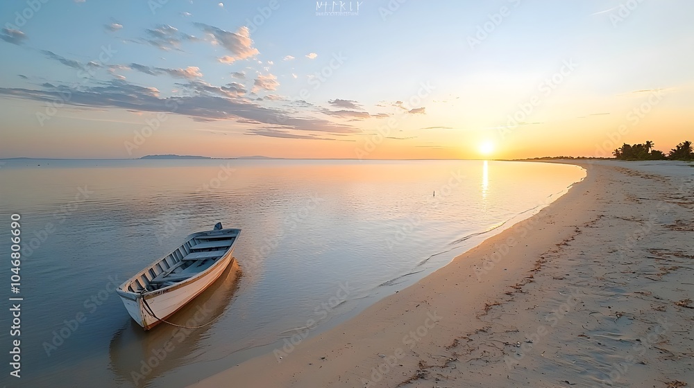 Aufkleber serene sunset over a quiet beach with a boat peacefully anchored in the calm reflective waters the w