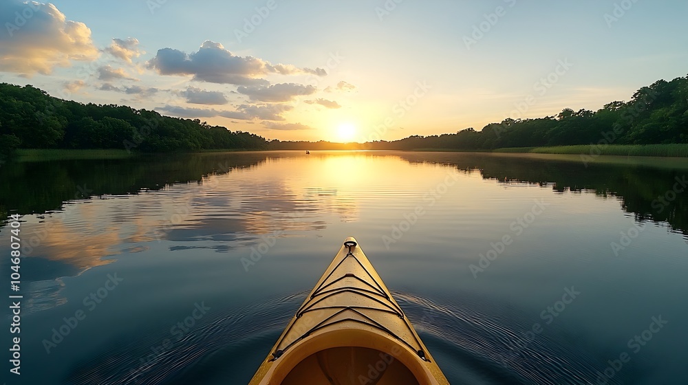 Poster serene and peaceful kayaking experience on a tranquil lake at sunset with warm colors of the sky bea