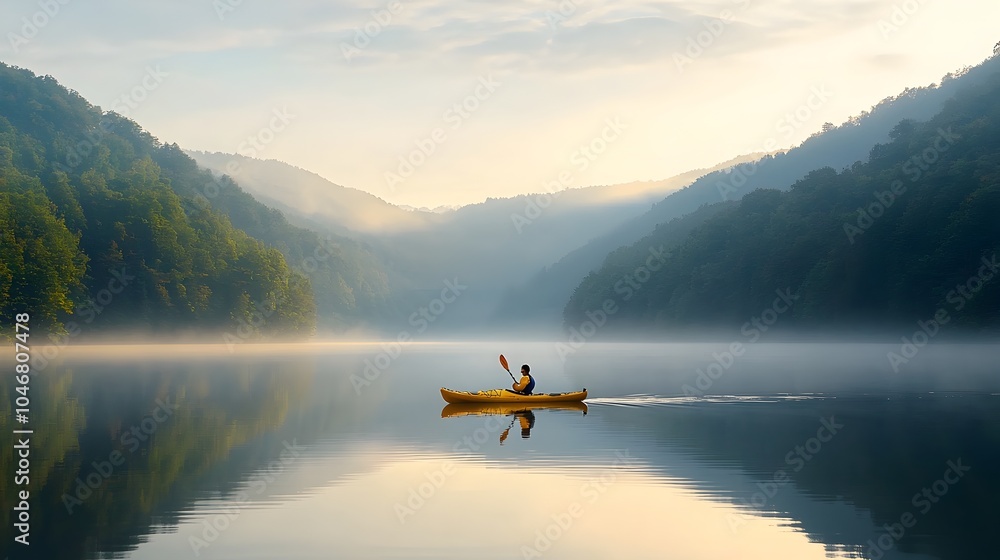 Poster Kayaker paddling through a peaceful lake at sunset the calm waters reflecting the soft golden hues of the sky and creating a mesmerizing