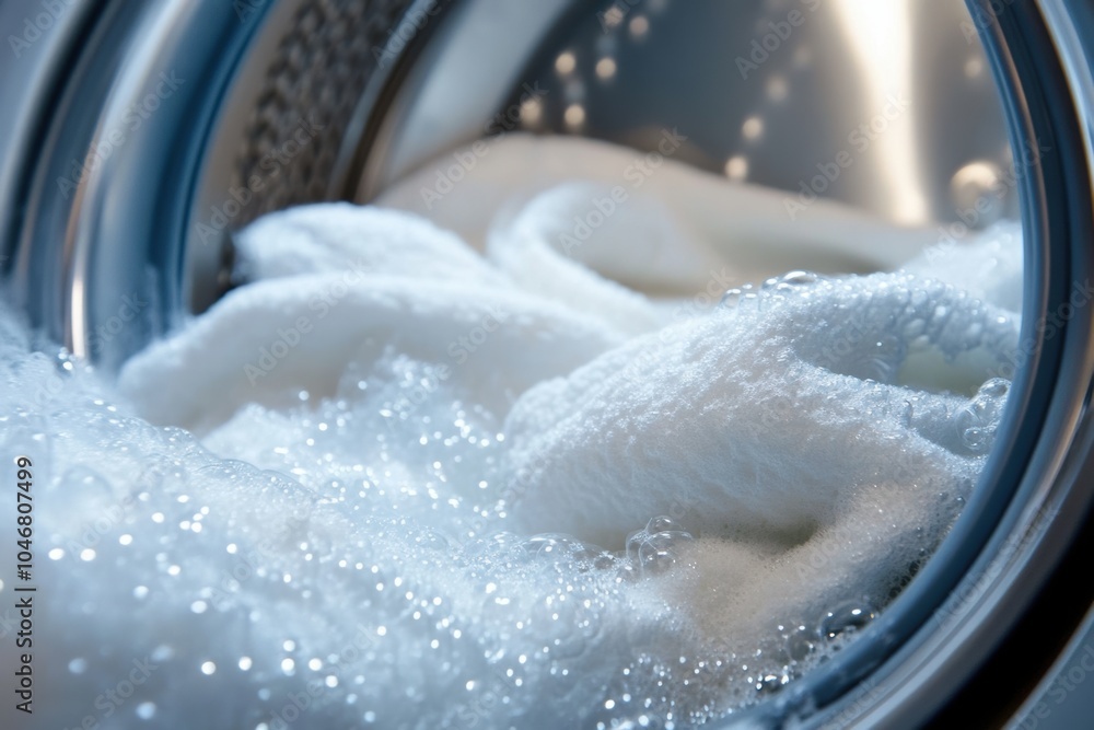 Poster soapy white towels are packed tightly in a washing machine drum, showcasing the washing process and 