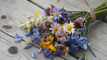 A vibrant bouquet of wildflowers featuring daisies, cornflowers, and purple blooms, resting on a wooden surface.